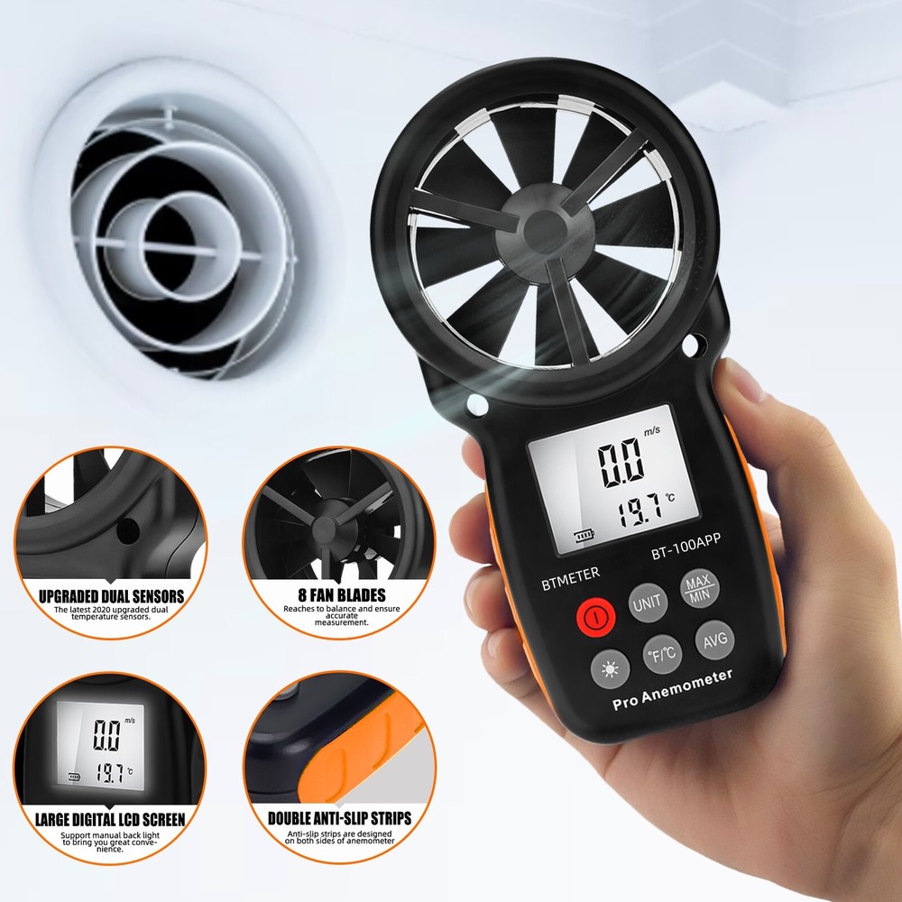 Handheld Anemometer Bluetooth Digital Wind Speed Gauge Wind Temp for HVAC Drone