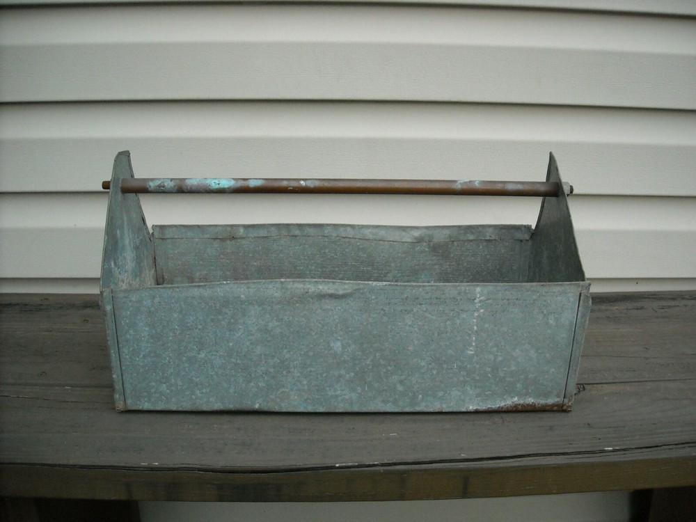 Solid Heavy Metal Tool Box Tote Caddy Handmade Primitive Folk Art