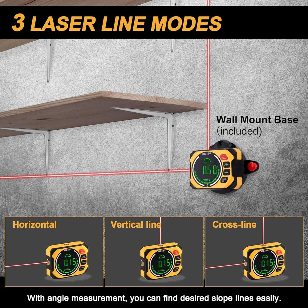 Precision Digital Angle Finder & Laser Level: Compact Tool with Wall Mount Base
