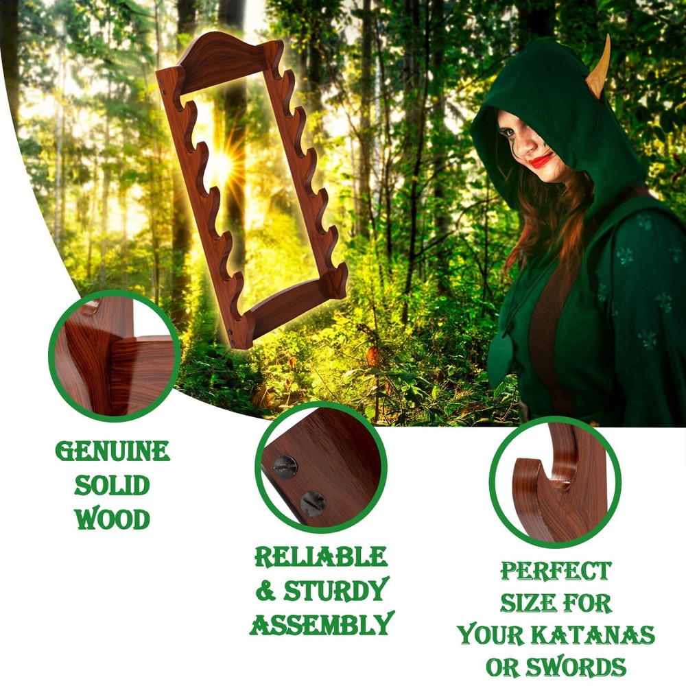 Medieval Sword Stand Solid Wood Horizontal Display Rack for Katana Dagger 6 Tier
