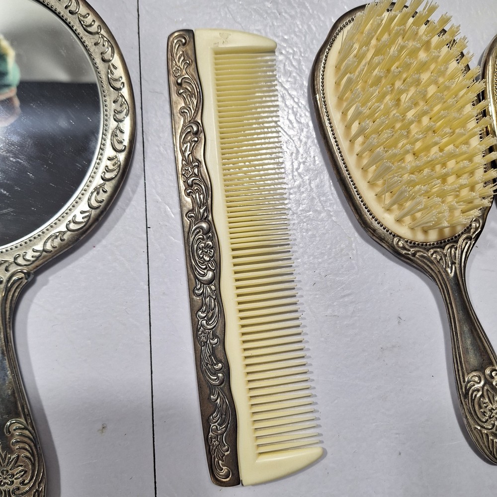 Vintage Vanity Mirror Brush Comb Set Sterling Silver Plated