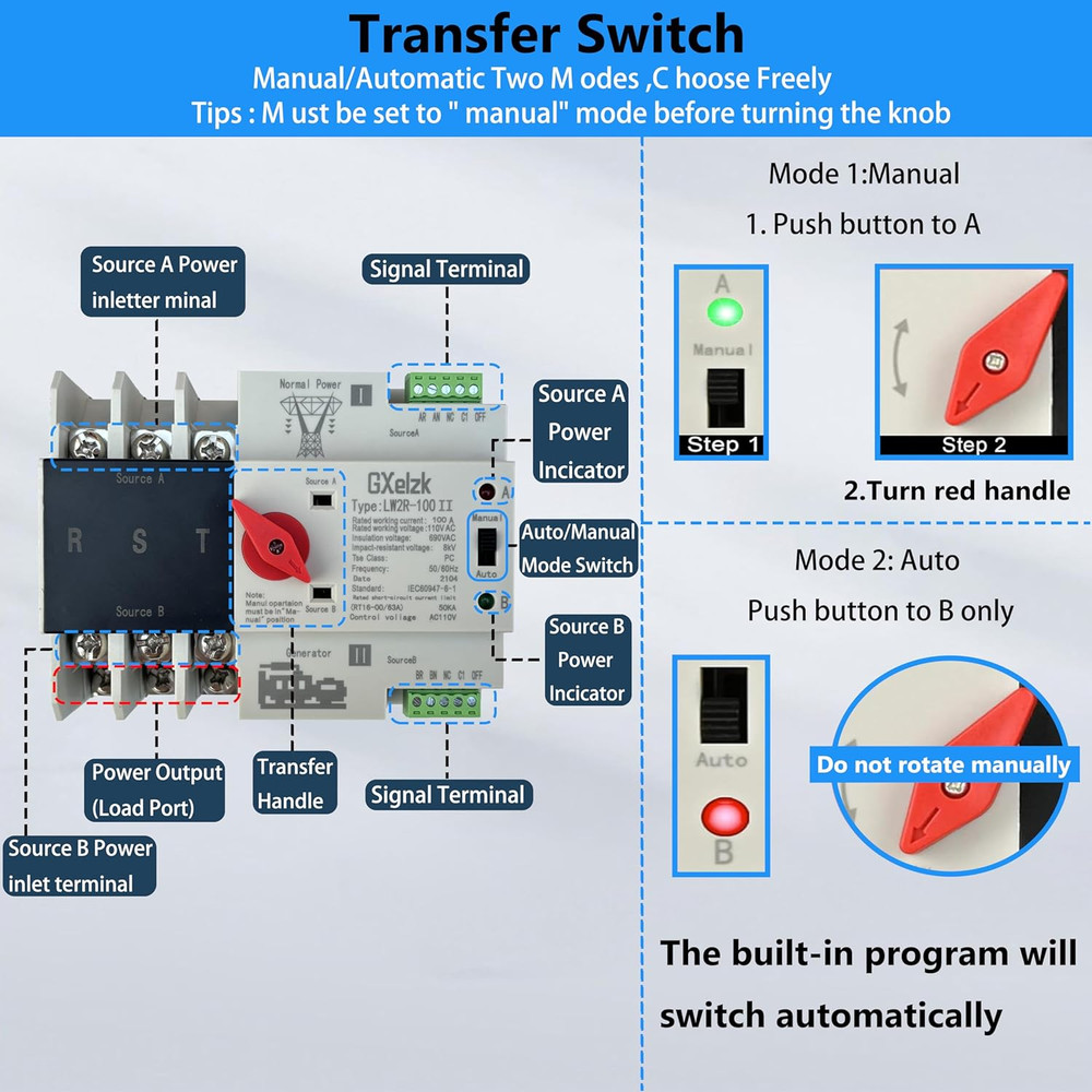 Automatic Generator Transfer Switch 100A 3P 4-Wire 120/240V Automatic/Manual Gen