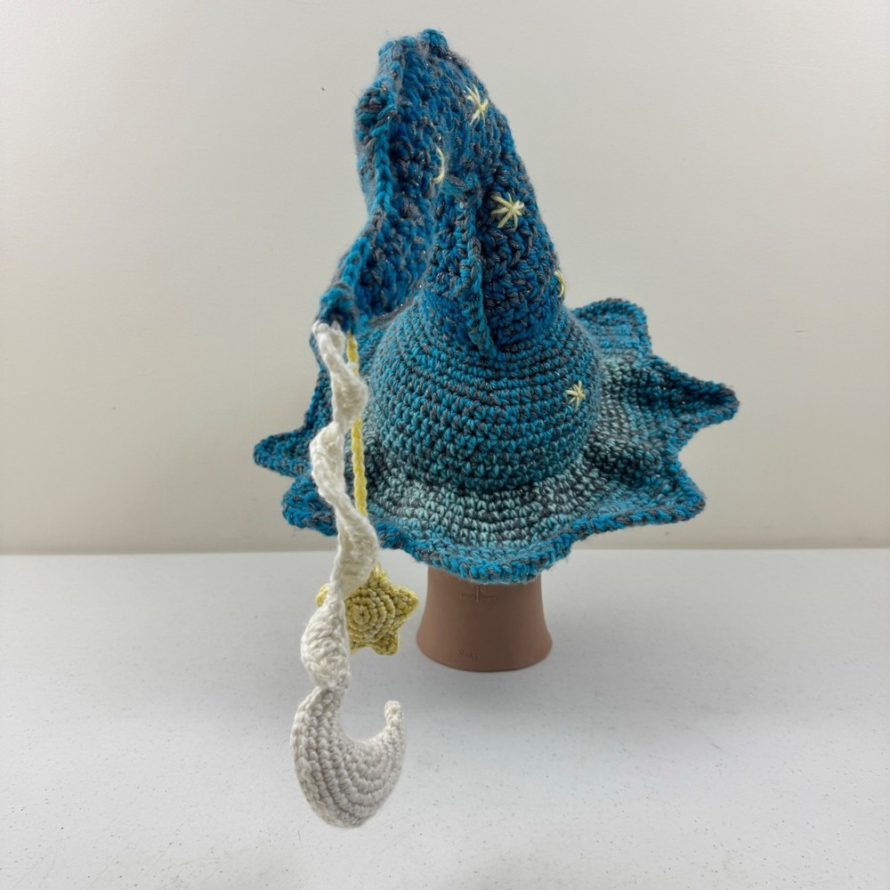 Handmade Crochet Moon & Star Bent Witch Hat glowing