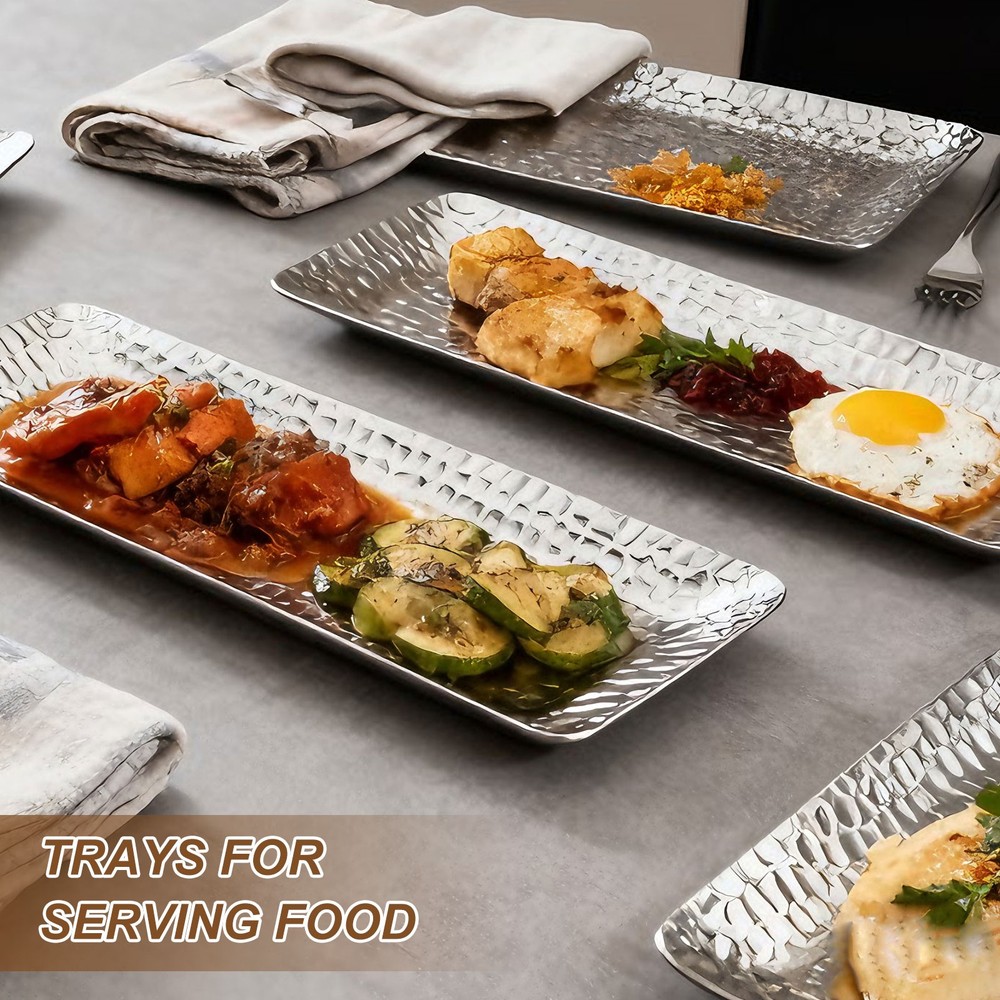 Decorative Tray, Glossy Serving Tray with Hammer Pattern, 5.9x3" Silver