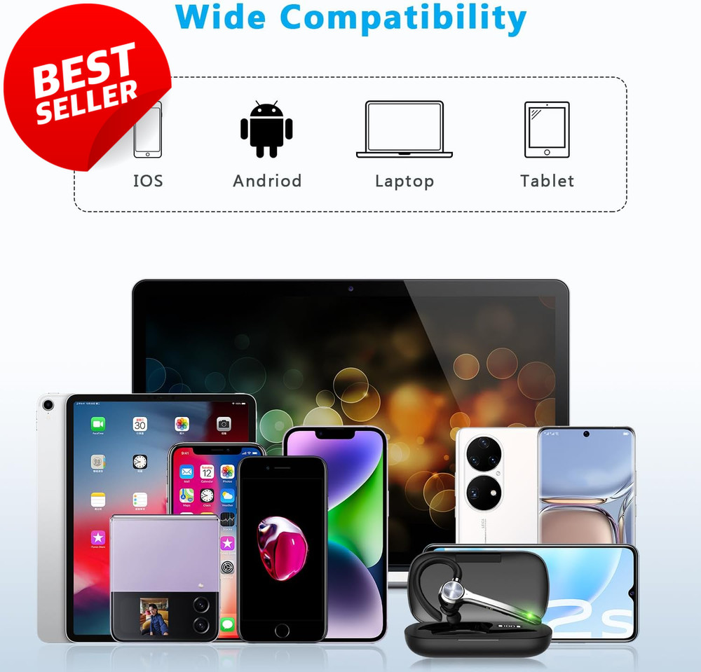 Bluetooth Headset Wireless Earpiece 72H Talk Time Charging Case Mic V5.1 - US