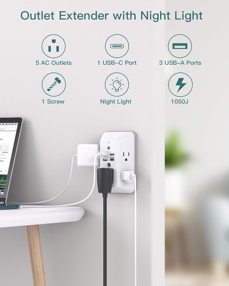 "Surge Protector, Outlet Extender with Night Light, 5-Outlet Splitter and 4 USB