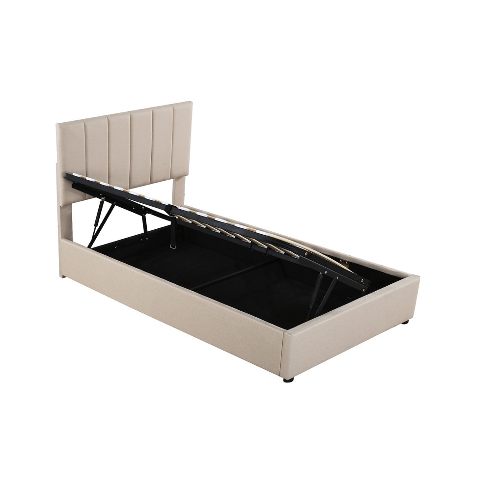Twin Size Upholstered Platform Bed with a Hydraulic Storage System, Beige