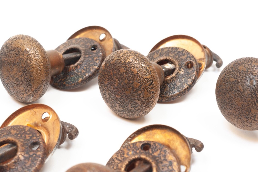 Antique Dexter Brass Textured Mid-Century Door Knobs & Rosettes 1940's Complete