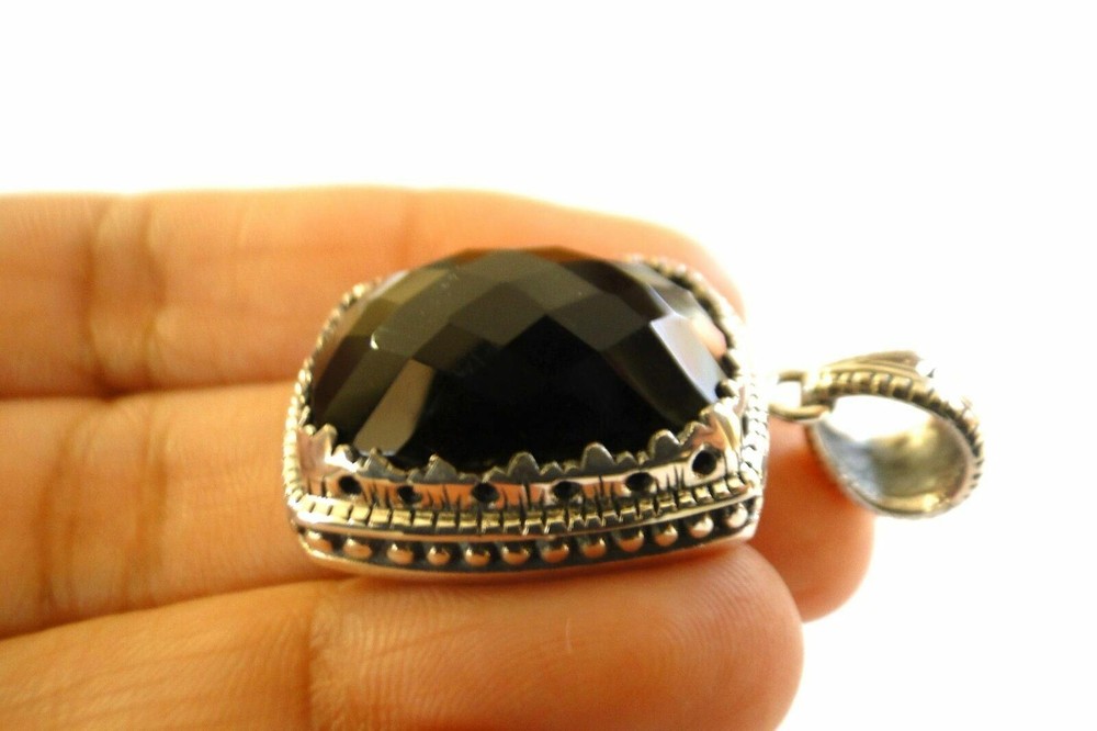 Rectangle Black Onyx Solitaire Ornate Edged 925 Sterling Silver Pendant