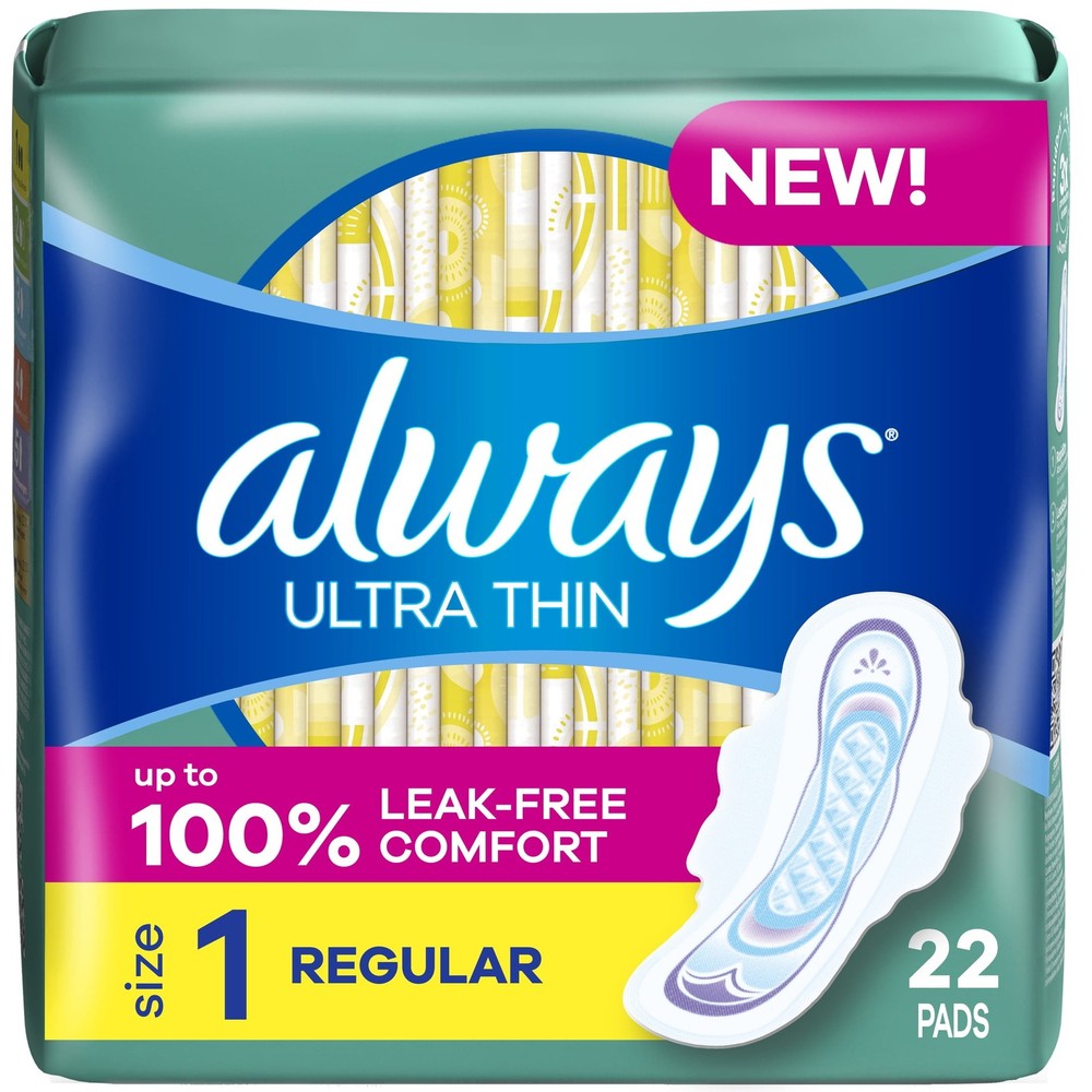 Always Ultra Thin Pads with Wings, Size 1, Regular Absorbency, 22 CT
