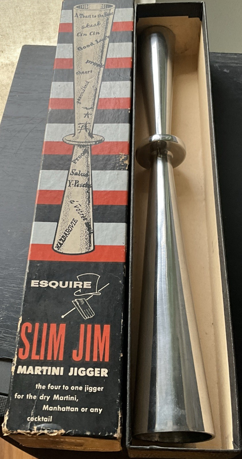 1950’s Vintage Esquire Brand SLIM JIM Martini Jigger In Original Box 12.5” Long