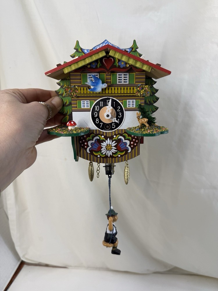 Vintage German Mini Cuckoo Clock w/ Bouncing Boy On Swing