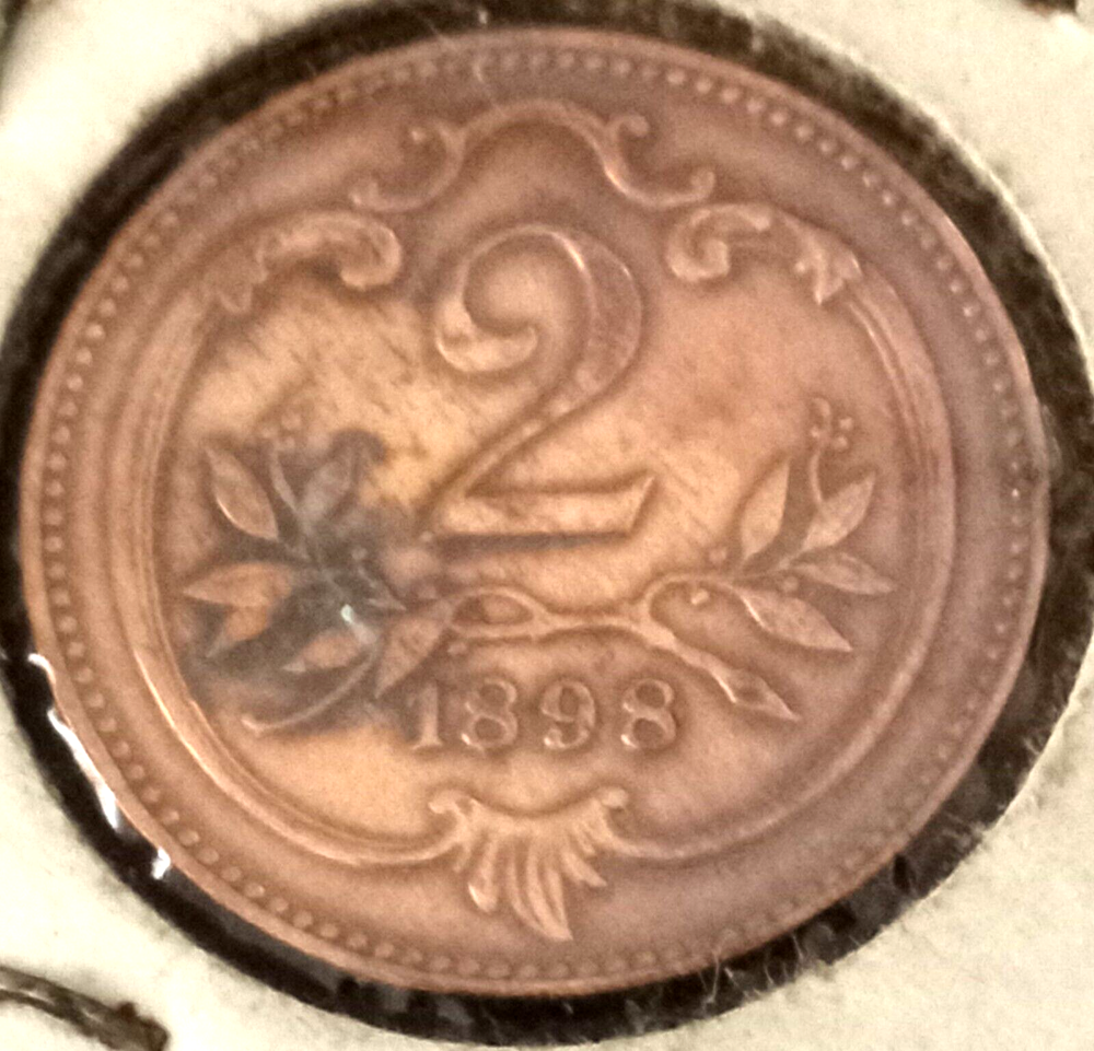 1898 Austria 2 Heller Crowned Imperial Double Eagle Copper Coin