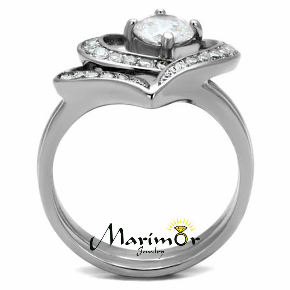 Women's 1.2 Ct Round Cut Cz 2 Piece Heart Shape Stainless Steel Wedding Ring Set