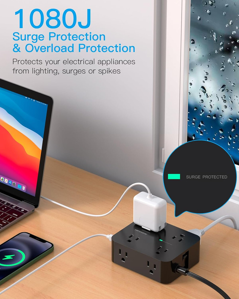 Power Strip Surge Protector, 5Ft Ultra Thin Flat Extension Cord with Multiple O