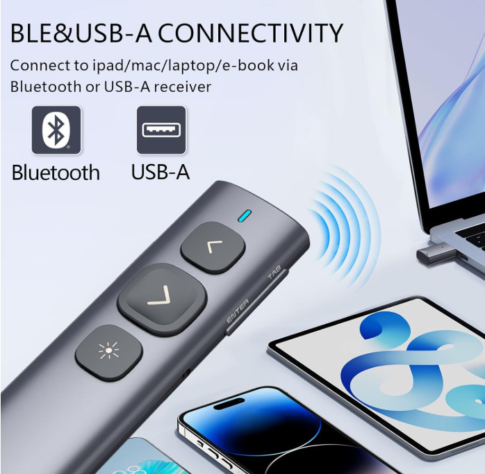 Control inalámbrico presentaciones Bluetooth con USB-A recargable verde, Nuevo