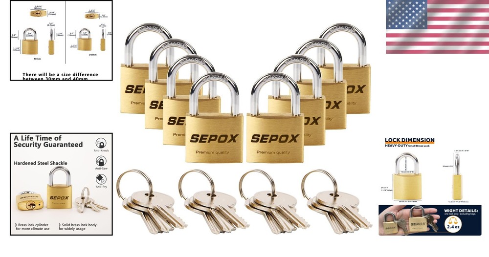 8-Pack Solid-Brass Padlocks, Keyed Alike 1-3/16'' Anti-Cut Shackle for Security