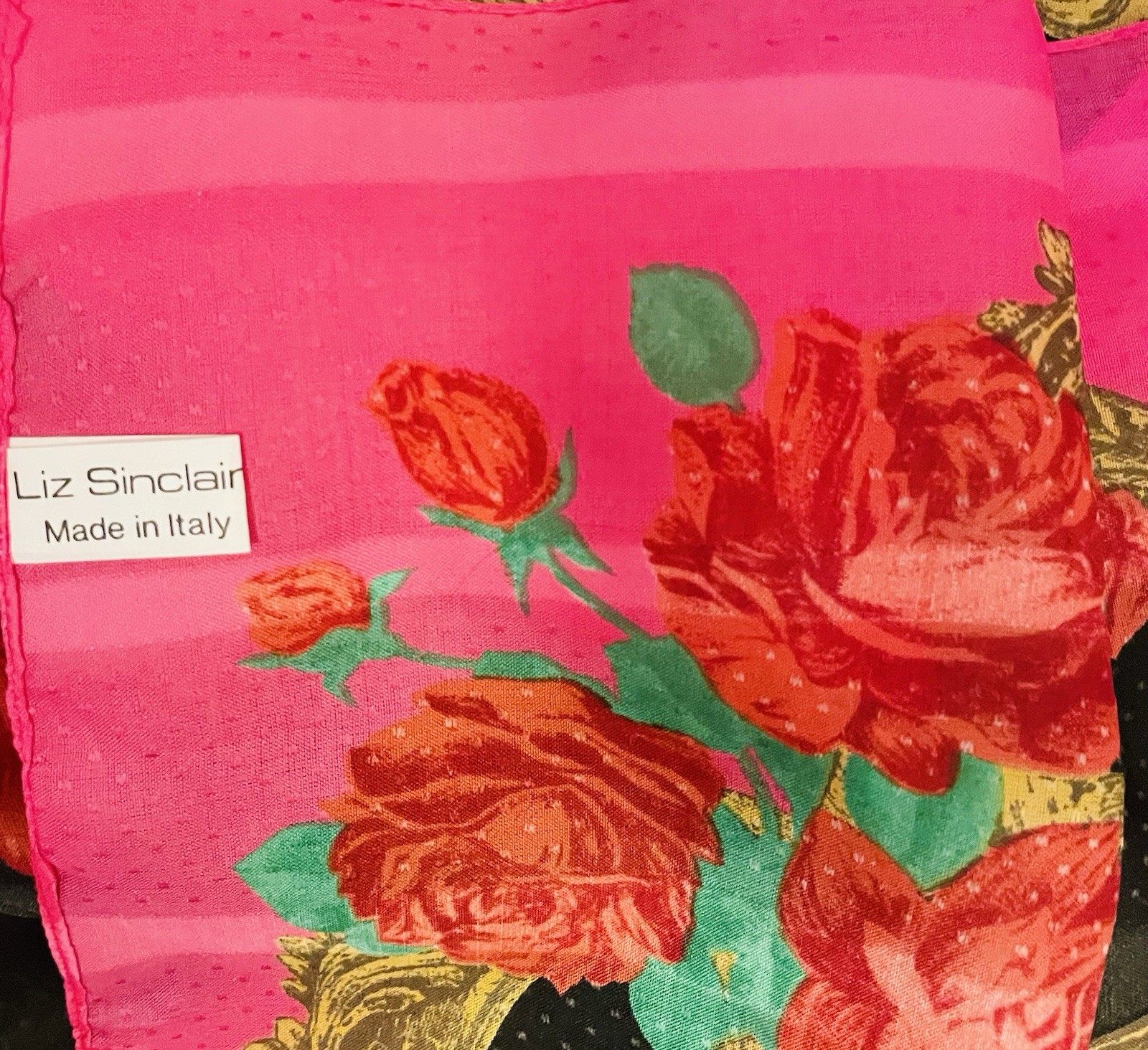 LIZ SINCLAIR Vintage Scarf 30" Red Pink Roses Polyester Italy