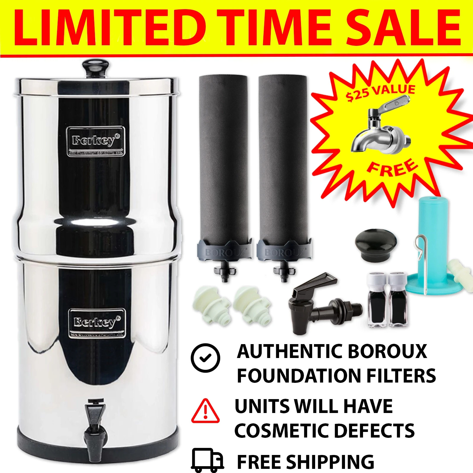 BLEMISHED Berkey Water Filter System w/ NSF Certified Boroux Black Filters