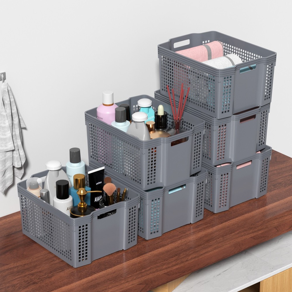 12-Pack Plastic Deep Stacking Baskets, Large Plastic Cupboard Baskets, Grey