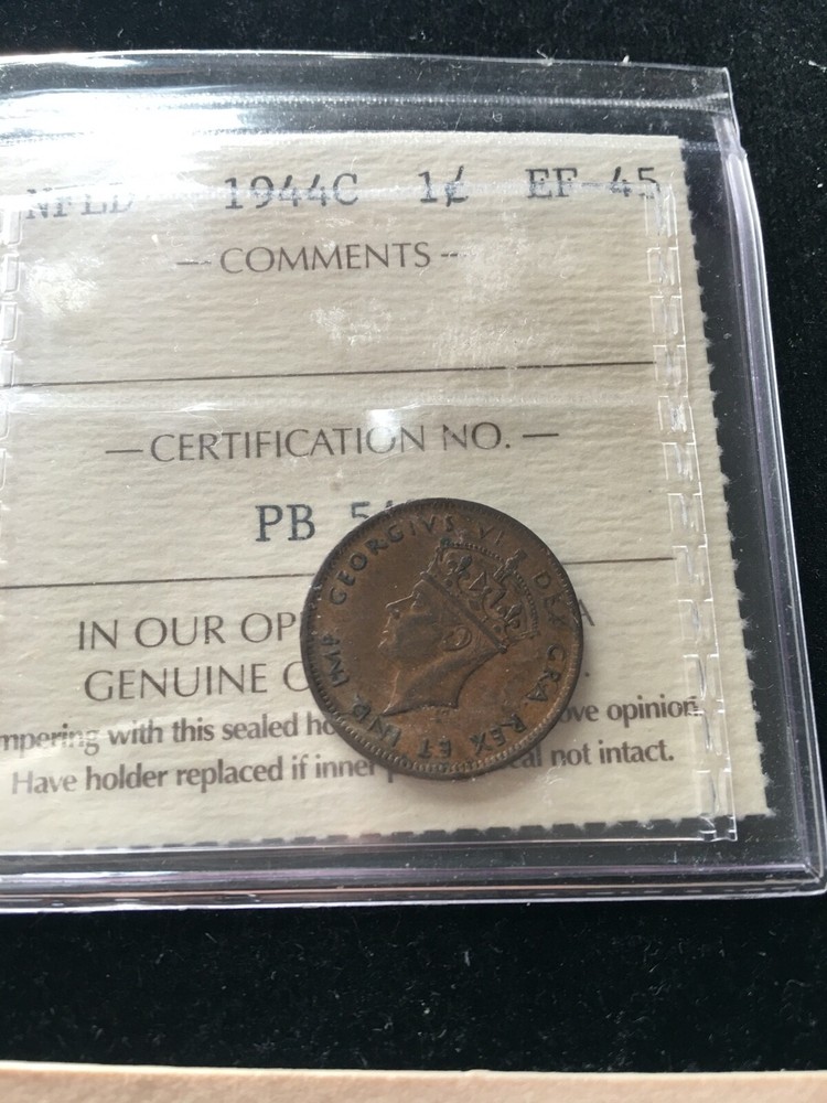 1944C  ICCS Graded Newfoundland One Cent **EF-45**