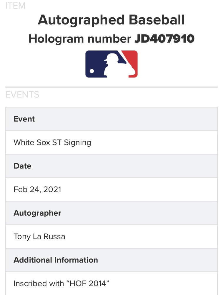 Tony LaRussa Signed Official Baseball MLB Authenticated Holo W/ Cube