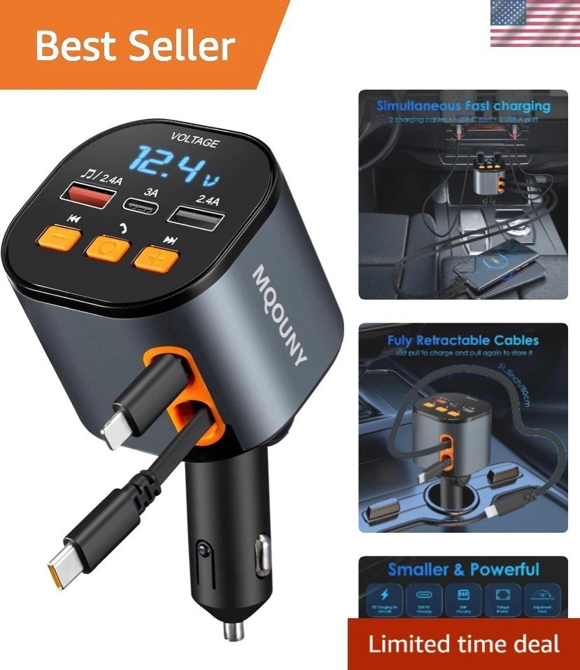 5 in 1 Retractable Car Charger - 90W Fast Charge, Bluetooth
