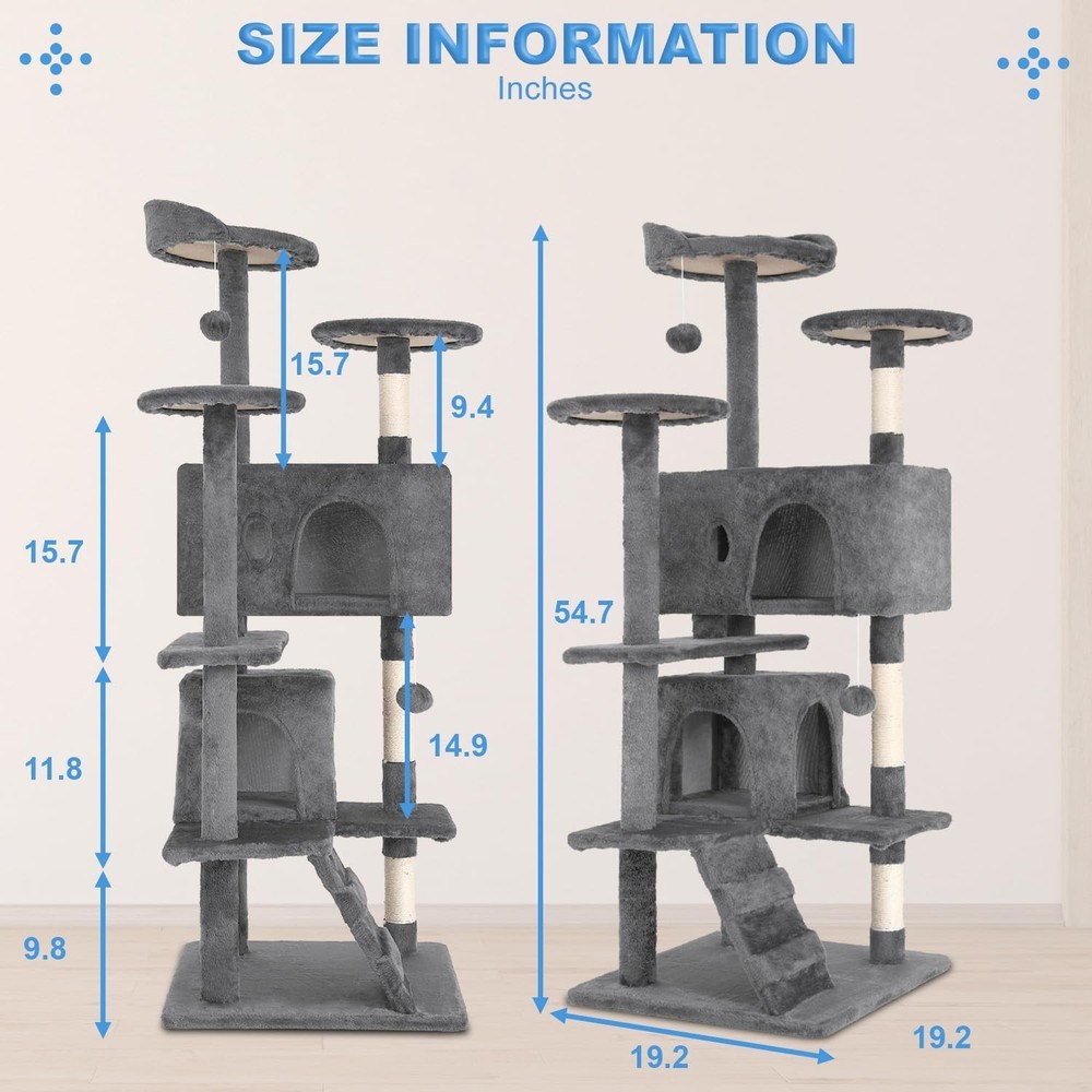54" Cat Tree Tower | Light Gray | Multi-Level Indoor Activity Center with Sis...