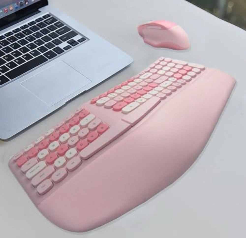 Wireless Ergonomic Split Keyboard Mouse Bundle, Pink/White, QWERTY, Wrist Rest