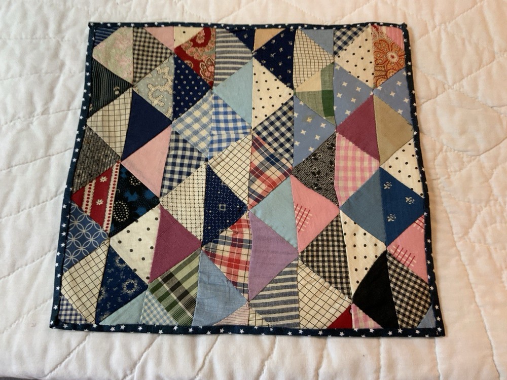 Vintage Antique Patchwork Quilt Table Topper, Early Calicos, Triangles, Multi