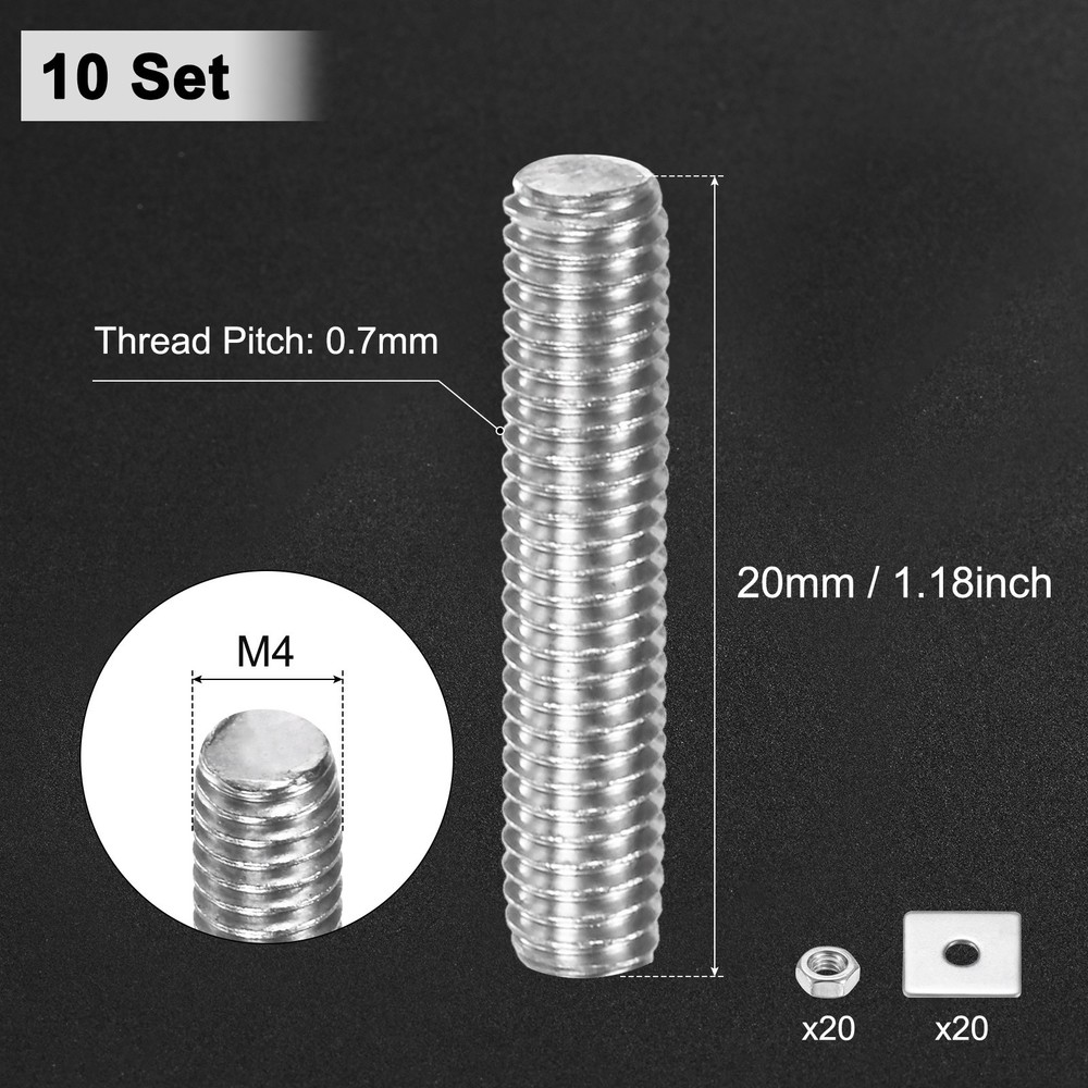 10-Set Fully Threaded Rod, M4x20mm Right Hand Thread Bar Studs with Nuts