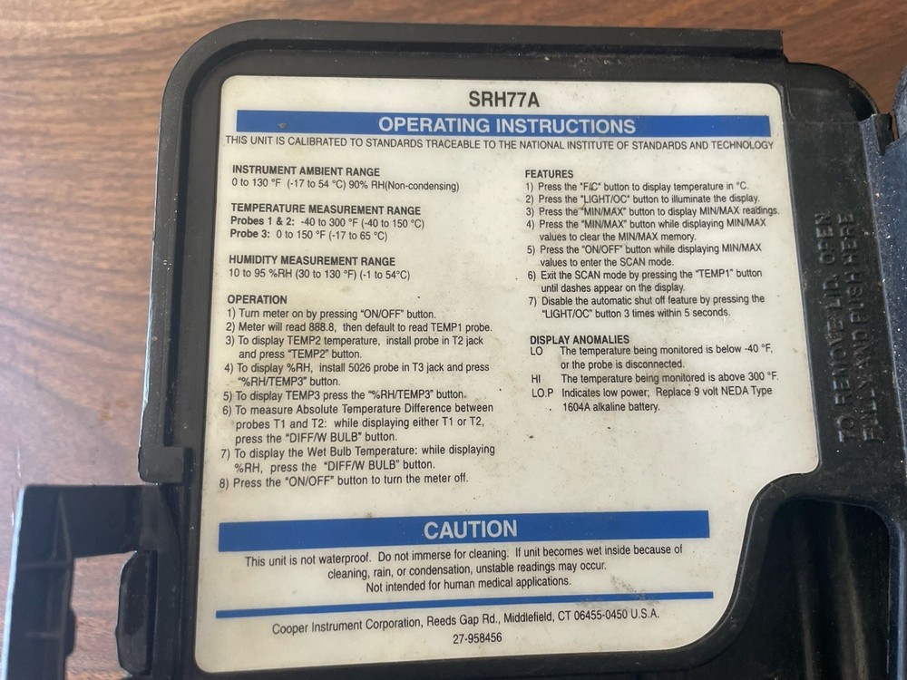 Cooper Temperature/Humidity Digital Instrument SRH77A