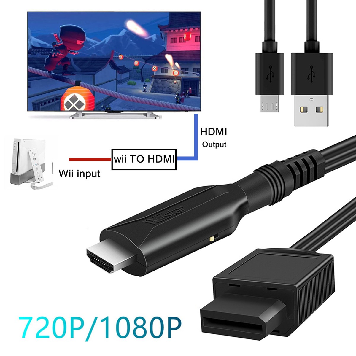 Wii to HDMI Adapter Converter Cable Full HD 1080P Plug &Play for Television PC