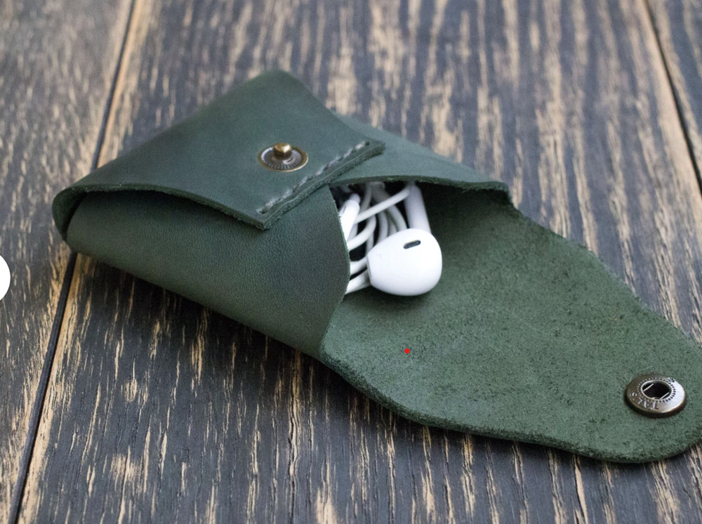 Handmade Leather Earphone Case - Dark Green