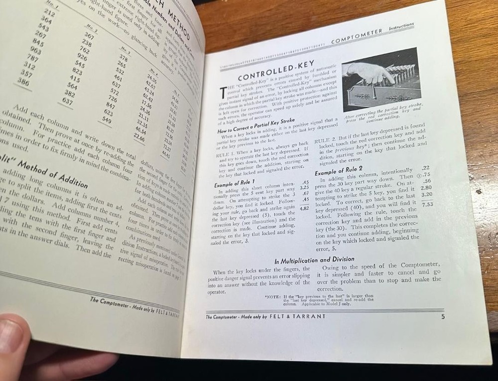 Easy Instructions Operating Controlled Key Comptometer Models 992 & D3-11 Manual