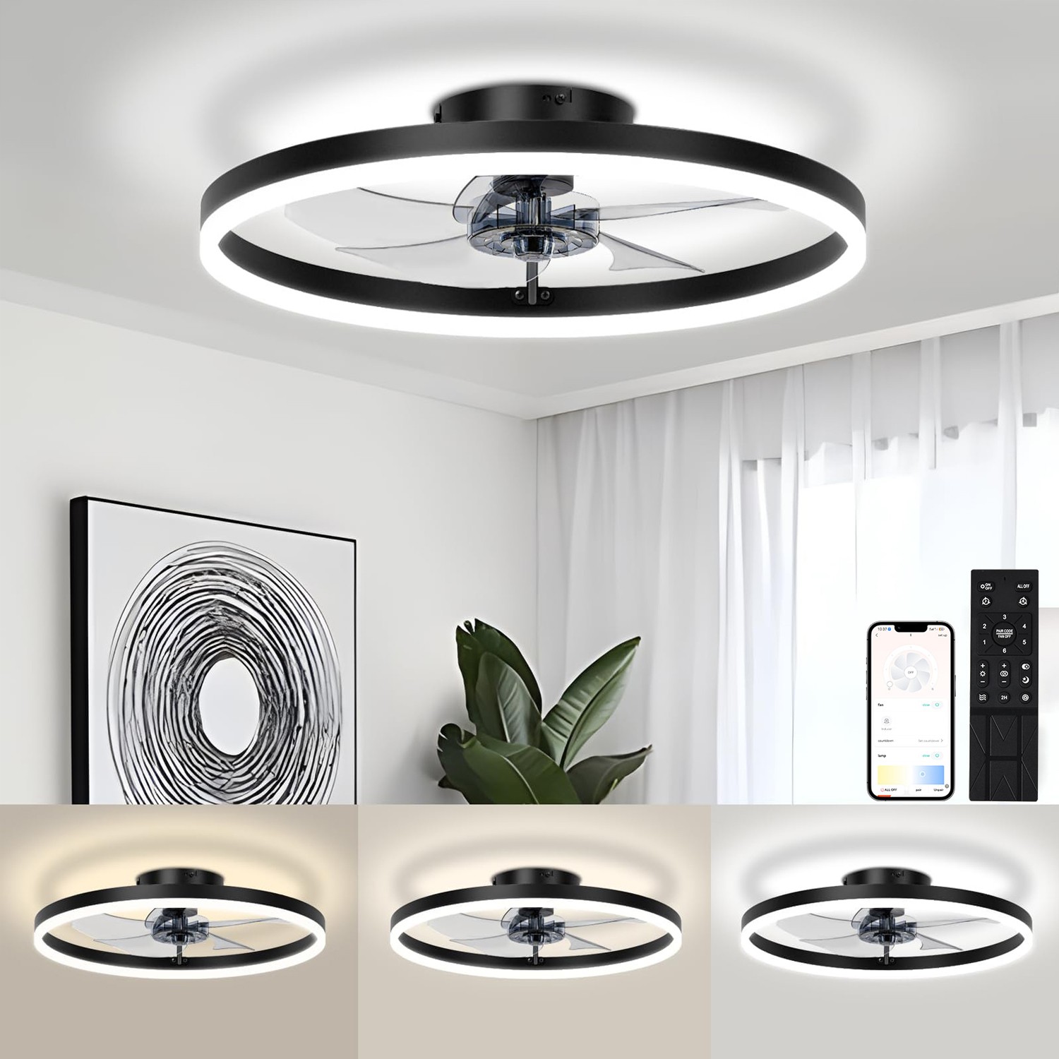20" Modern Fan Lights Flush Mount LED Ceiling Light kit With APP Remote Control