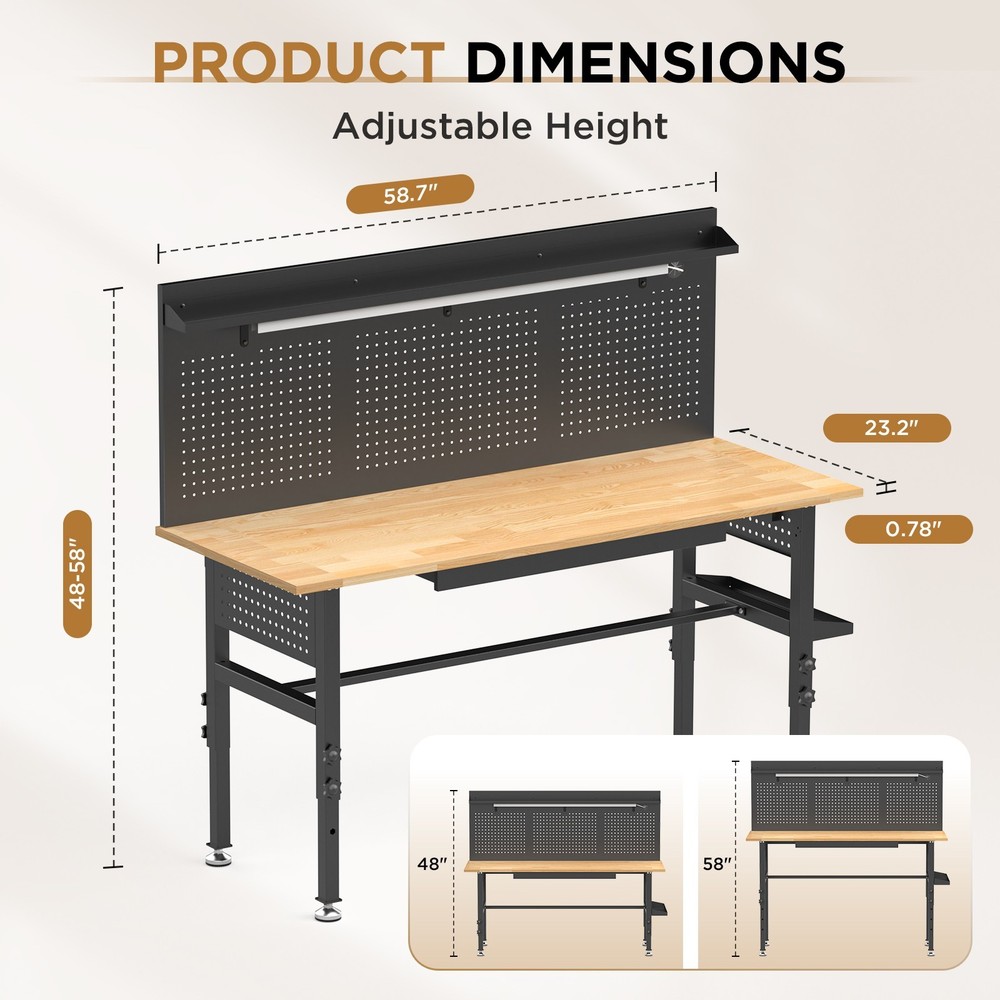Solid Wood 60" Workbench 2000lb LED Power Height Adjustable Wheels