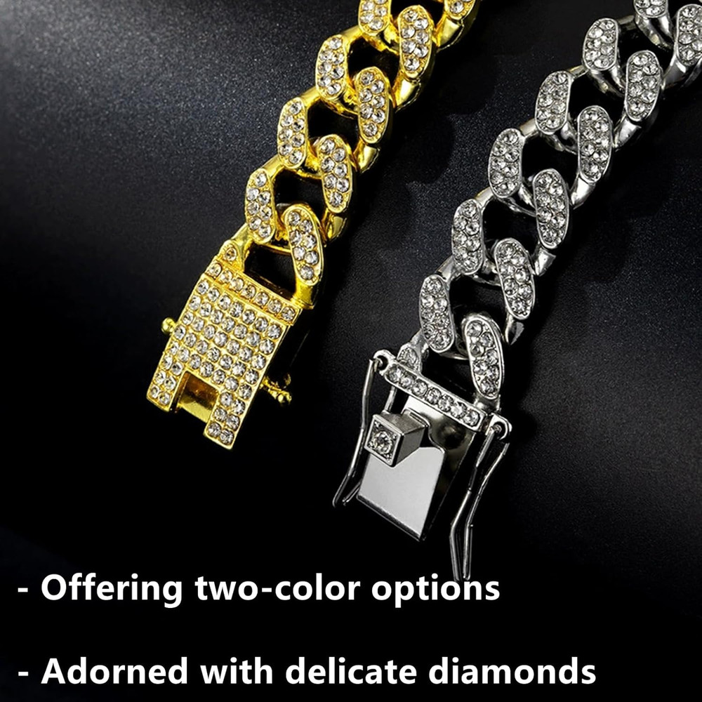 Cat Chain Collar, 2 Pcs Diamond Cuban Link Kitten Walking Collar with Secure Buc