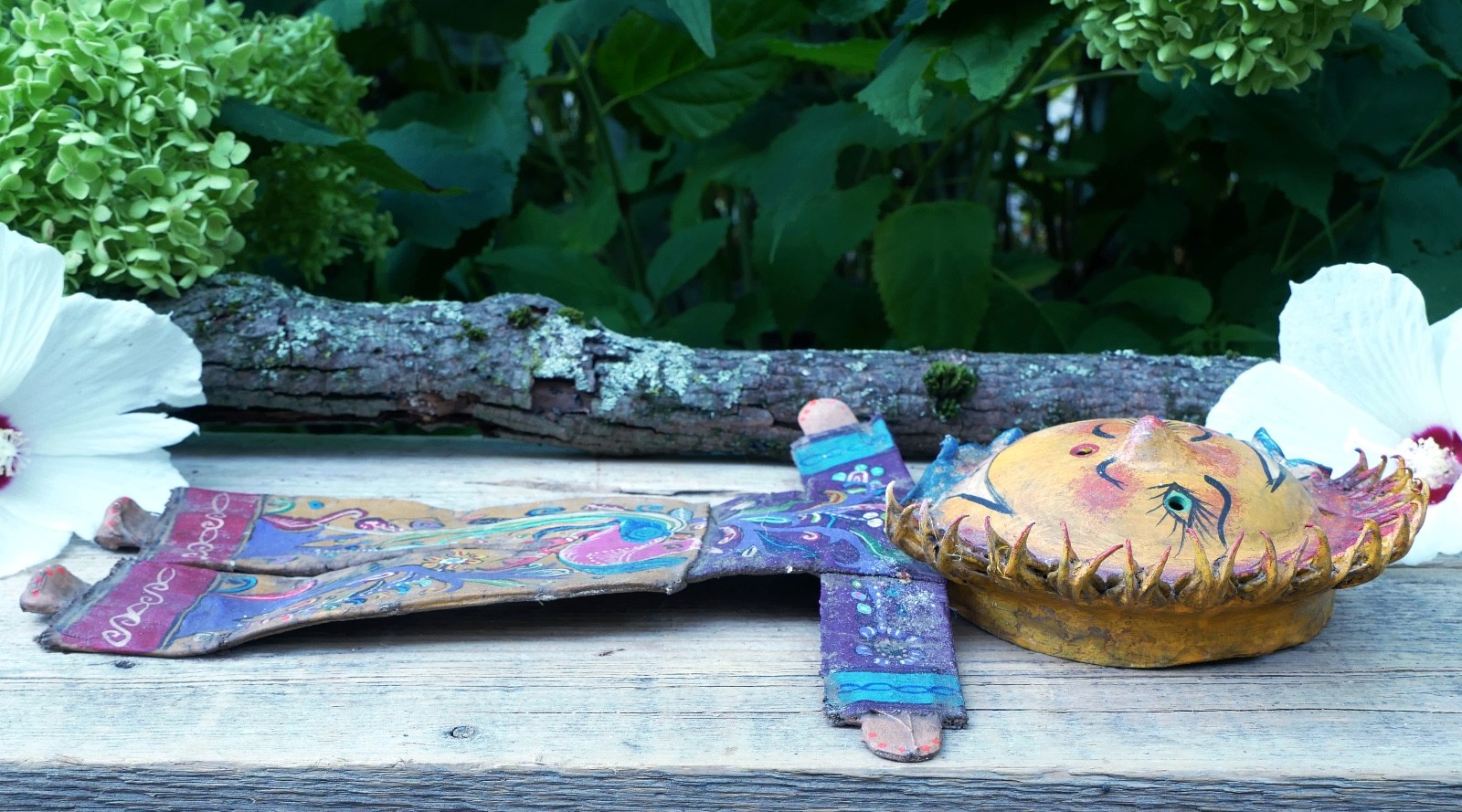 Sun Moon Face Man Hand Painted Handmade Canvas Coconut Guerrero Mexico Folk Art