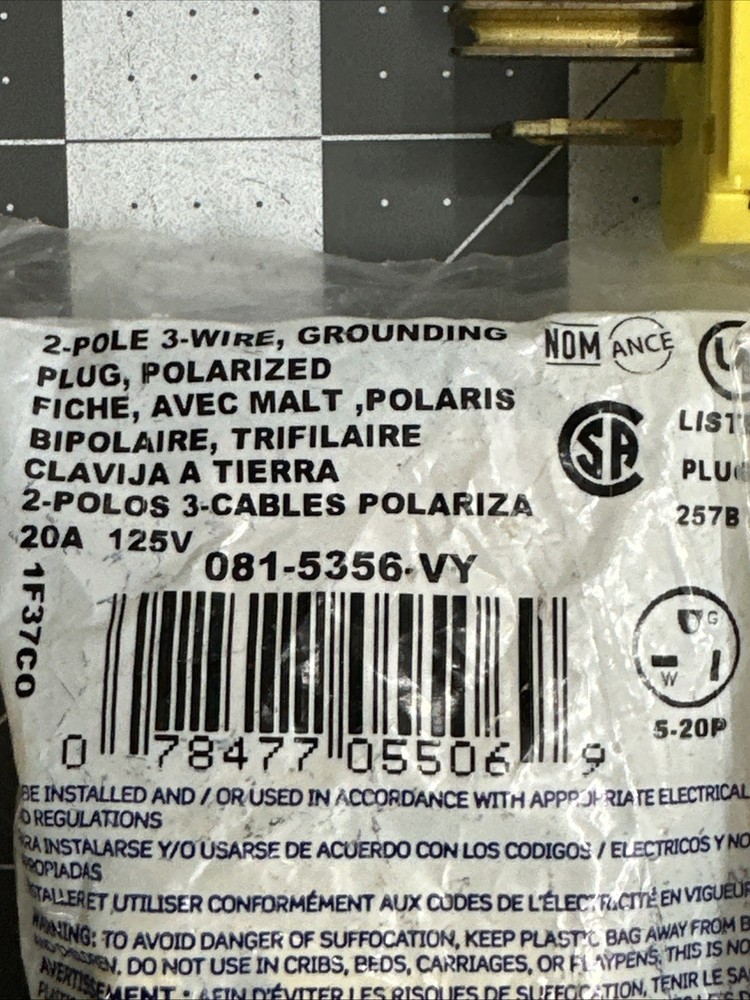 NOS (3)-Leviton 20A 125V 3-Wire 2-Pole Python Cord Plug 081-05356-0VY