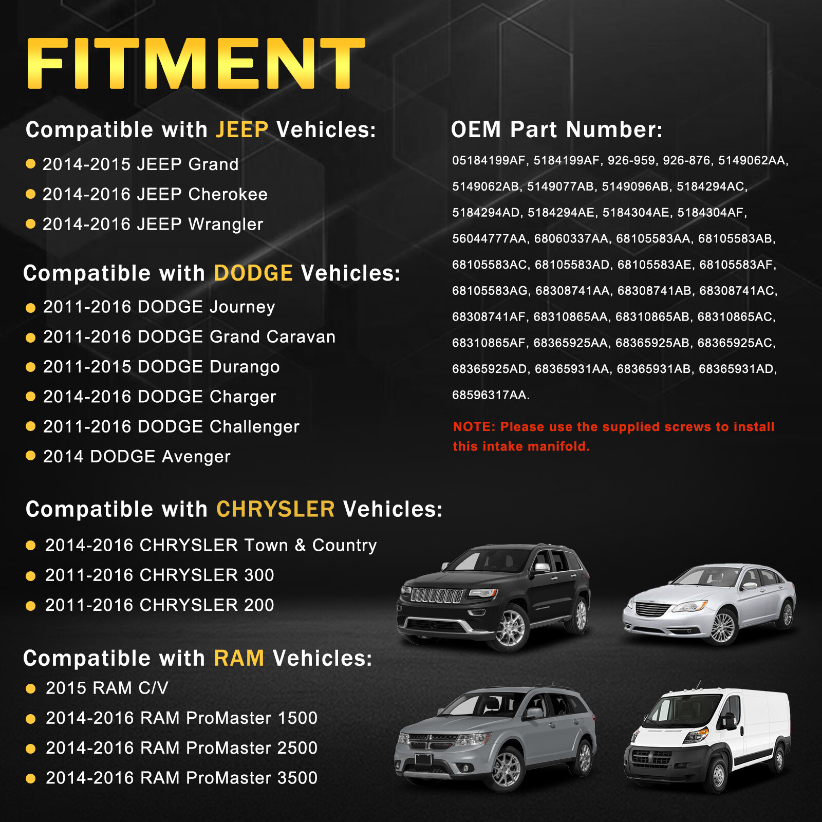 Full Aluminum Lower Intake Manifold & Oil Filter Housing For 11-16 Jeep Dodge