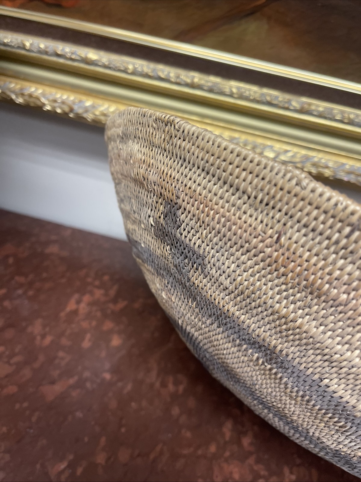 Woven Apache pictorial 17 1/4” basket with geometric and symbolic designs.