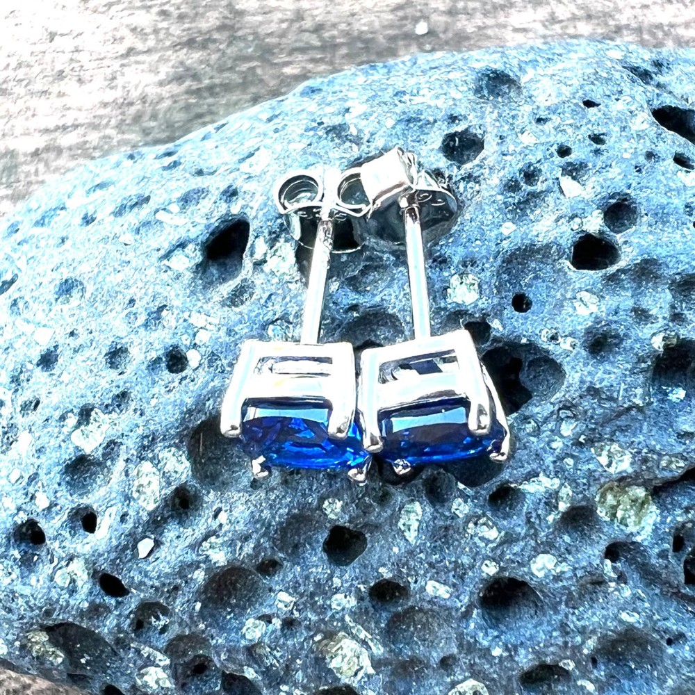 Blue Sapphire Stud Earrings Sterling Silver 925 , September Birthstone