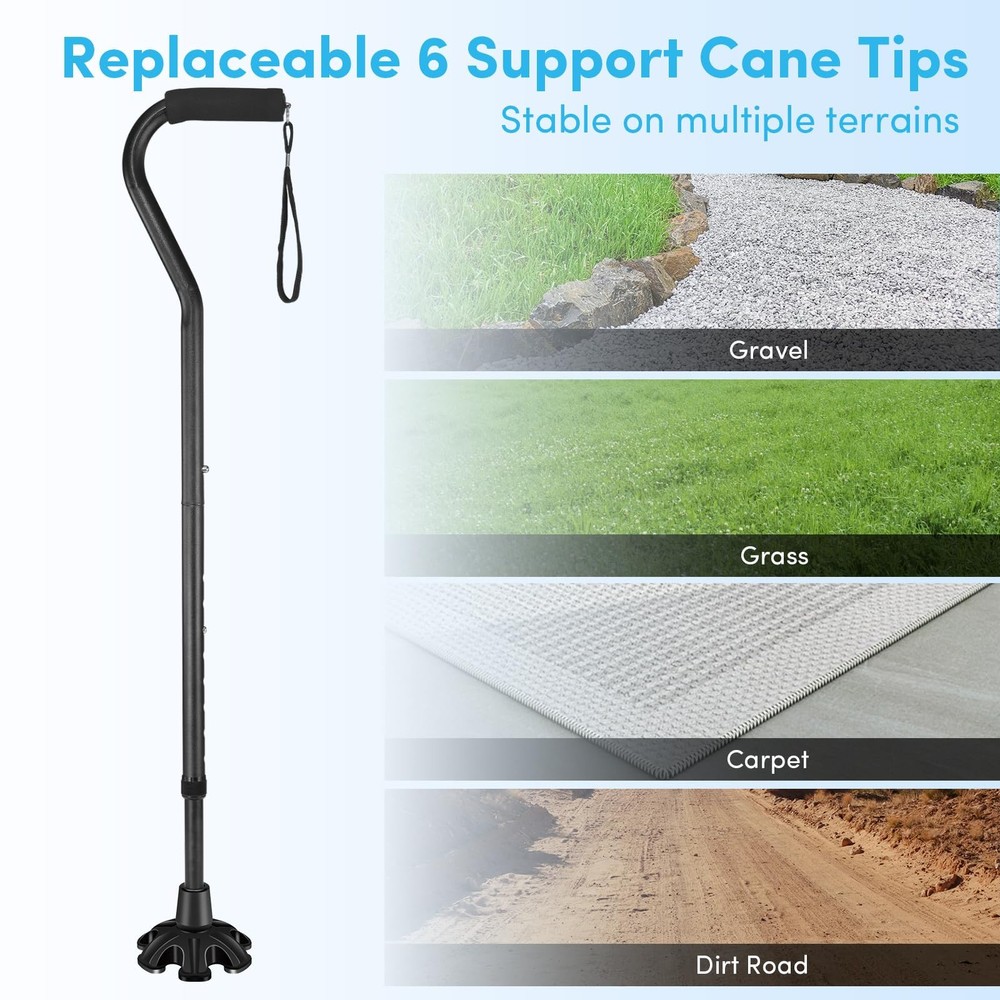 Adjustable Walking Cane, 4-Prong Base, Foldable, Foam Offset Handle, 3 Tips