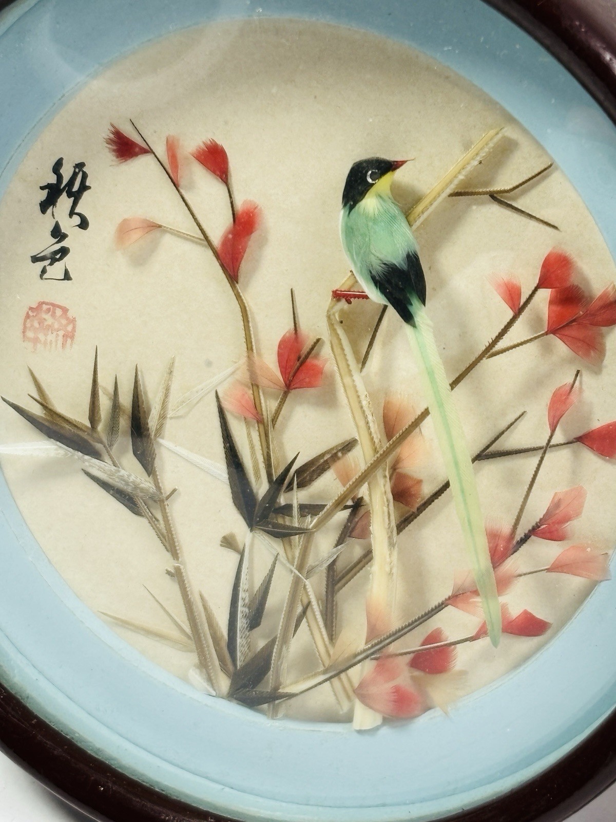 Lot of 2 Vintage Chinoiserie 3D Bird Feather Art Shadow Boxes