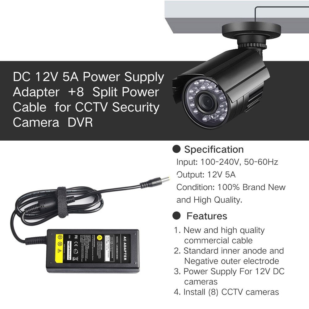 DVR 8 Split Power Cable +DC 12V 5A Power Supply Adapter for CCTV Security Camera