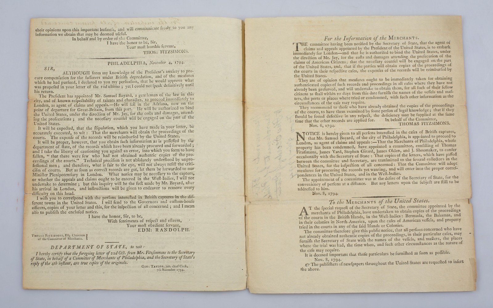 1794 Printed Letters Thomas Fitzsimmons to Sec. of State Post War Jay Treaty