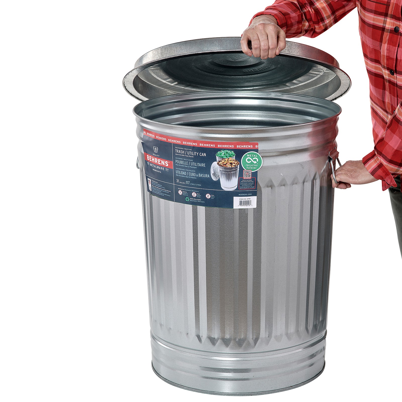 Behrens Galvanized Steel Trash Can with Lid, 31 Gal., 21in. Dia. × 29.75in.H