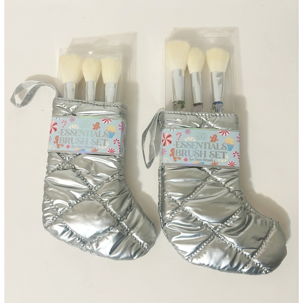 (2) 3 Piece Essentials Make-Up Brush Sets with Silver Christmas Stockings, NEW