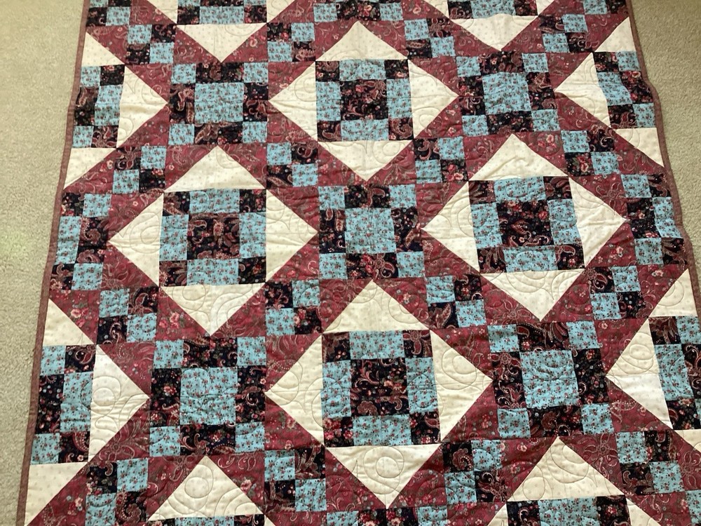 Hand/Machine Quilted MultiColored Floral Patchwork Lap Quilt 47” Square
